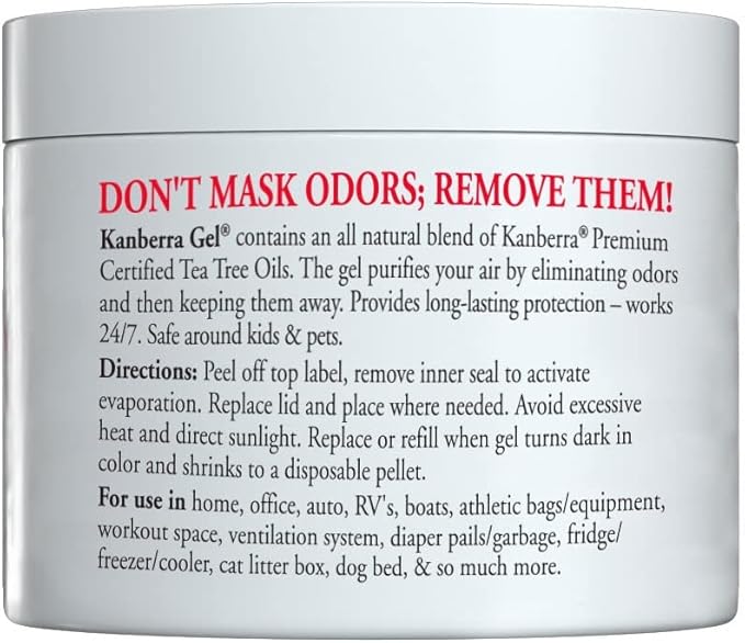 Kanberra Gel 4oz - All-Natural Odor Eliminator & Air Freshener for Home, Car, RV, Boat, Gym Bag | Eco-Friendly, Long-Lasting Tea Tree Oil Formula, Safe for Pets and Family.