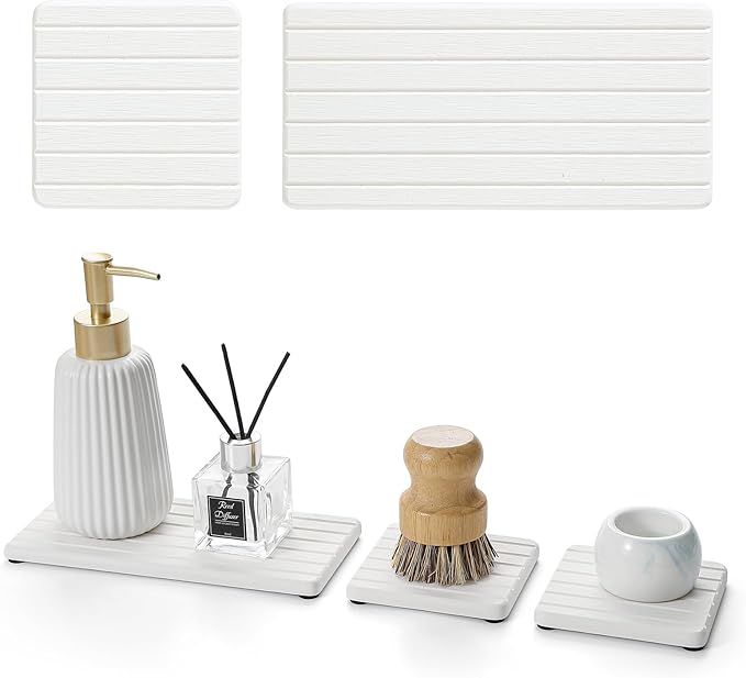 3 Pack Diatomite Stone Sink Tray, Water Absorbing Mat for Kitchen & Bathroom Counter, Quick Dry Soap Dish Makeup Vanity Caddy,Sponge Holder Organizer, White - 2pcs of 8"x 3.8" and 1pc of 3.8"x 3.8"