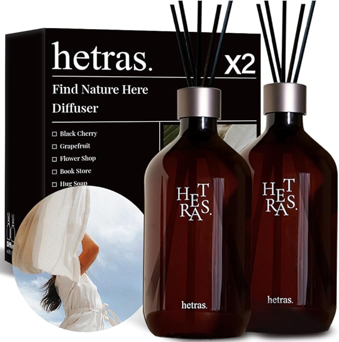 hetras Premium Reed Diffuser Set 16.9 fl.oz. 2 Pack | Pure Laundry - Fresh & Warm Scent | Long-Lasting Luxury Fragrance with 10 Reed Sticks for Home & Office | Gifts for Loved One