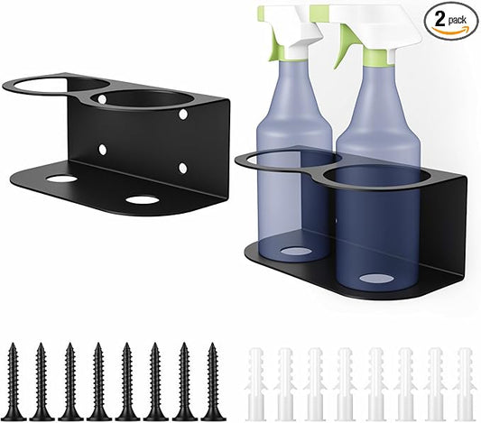 2 Pack Spray Bottle Holder Wall Mount, Metal Aerosol Spray Can Holder Rack Organizer with Double Holes, Heavy Duty Paint Bottle Can Storage Rack with Hardware Easy Install for Garage Home Workspace