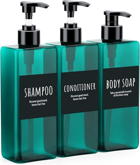 16.9oz Shampoo Conditioner Bottles, Segbeauty 3pcs 500ml Pump Press Dispenser with Labels, Empty Refillable Shampoo Body Soap Conditioner Gel Plastic Bathroom Press Lotion Containers Light Sea Green