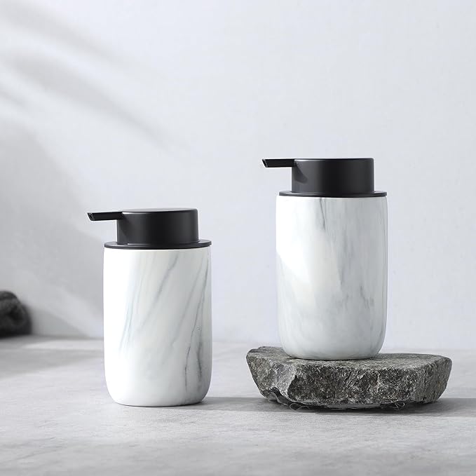 Marble Foaming Soap Dispenser Set - 2 Pack White Marble Ceramic Foam Dish Hand Soap Dispenser with Black Pump for Bathroom, Bathroom Dispenser Set for Modern Home Farmhouse Decor