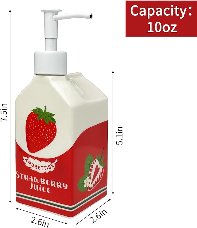 Ceramic Strawberry Juice Bottle Soap Dispenser, Refillable Lotion Bottle for Bathroom Kitchen Dish Soap (Strawberry)