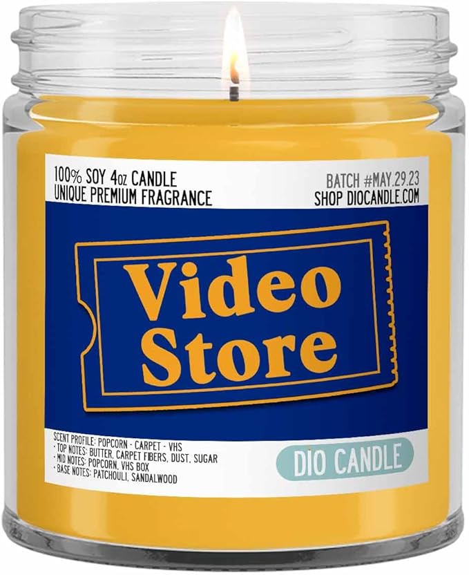 Video Store Scented Candle - Smells Like Popcorn, Carpet, VHS Tapes - 100% Naturally Vegan Soy and Premium Fragrance | Great Gift | Recyclable Glass Jar | Handmade in Denver, Colorado (4oz Glass Jar)