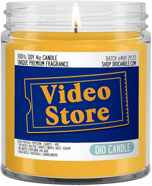 Video Store Scented Candle - Smells Like Popcorn, Carpet, VHS Tapes - 100% Naturally Vegan Soy and Premium Fragrance | Great Gift | Recyclable Glass Jar | Handmade in Denver, Colorado (4oz Glass Jar)
