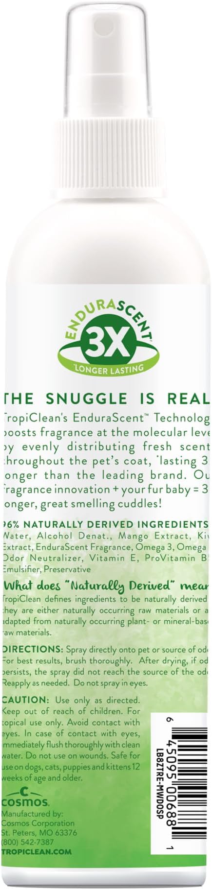 TropiClean Dog Perfume, Long Lasting Mango Kiwi Cologne, Deodorizing Spray for Smelly Dogs, After Bath Detangling Spray, Safe for Cats, 8oz.