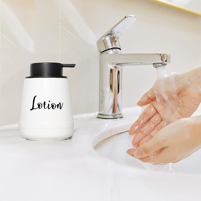 Bathroom Countertop Dispensers-Modern Ceramic Soap Lotion Dispenser Bottles, Hand Soap Dispenser for Bathroom, Dish Soap Dispenser for Kitchen, Easy-to-Press Pump (White, Labeled Lotion)