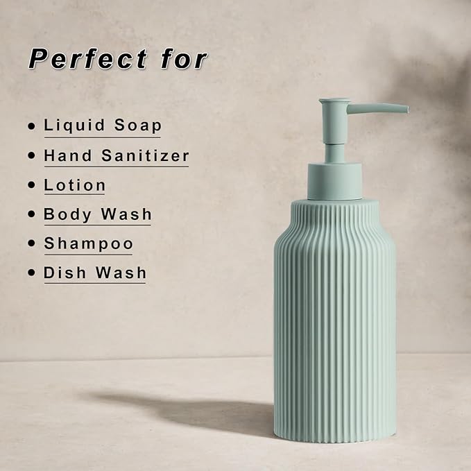 Modern Ceramic Soap Dispenser for Bathroom，14oz Ceramic Soft Touch Hand Lotion Dispenser with Pump，Liquid soap Dispenser for Kitchen Rubber Paint (Green)