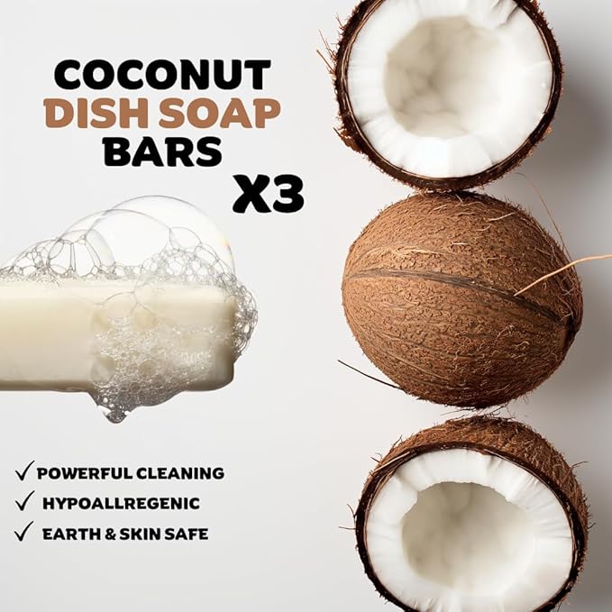 KELEBS Coconut Dish Soap Bar - Organic, Pack of 3 - (3.8 oz each), Skin-Safe, Non-Toxic, Sustainable Kitchen Soap - Zero Waste