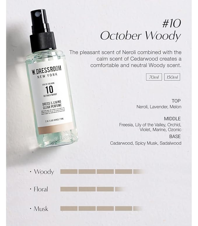 W.Dressroom No.10 October Woody Living Clear Perfume, Body Mist & Fabric Spray Deodorizer, Alcohol-Free Water-Based, Odor Neutralizer for Clothes, Bedding & Room, Travel Size 2.36 oz