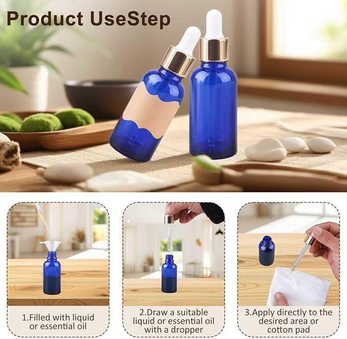 1 oz Dropper Bottles for Essential Oils，12Pack Blue Glass Bottles with Glass Eye Dropper Leak Proof Travel Dispenser Bottle for Essential Oils,tincture, Aromatherapy, Chemistry Lab Chemicals