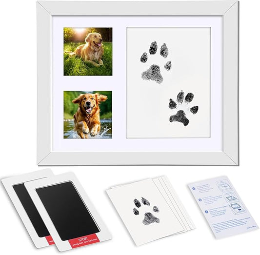 Paw Print Kit for Dogs & Cats, Pet Paw Impression Gift Set with 2 Inkless Pads and Reversible Stand/Wall-Mount Frame (White)