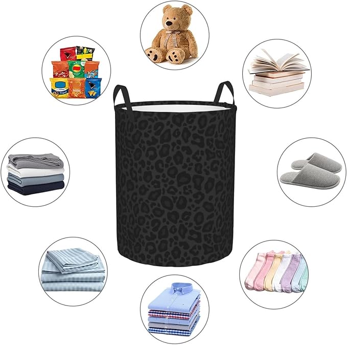 Black Leopard Print Laundry Hamper Bag With Waterproof Liner - Round Laundry Basket Foldable Clothes Storage Organizer For Bathroom Bedroom Nursery Dorm, S-16.5"X 13.8"