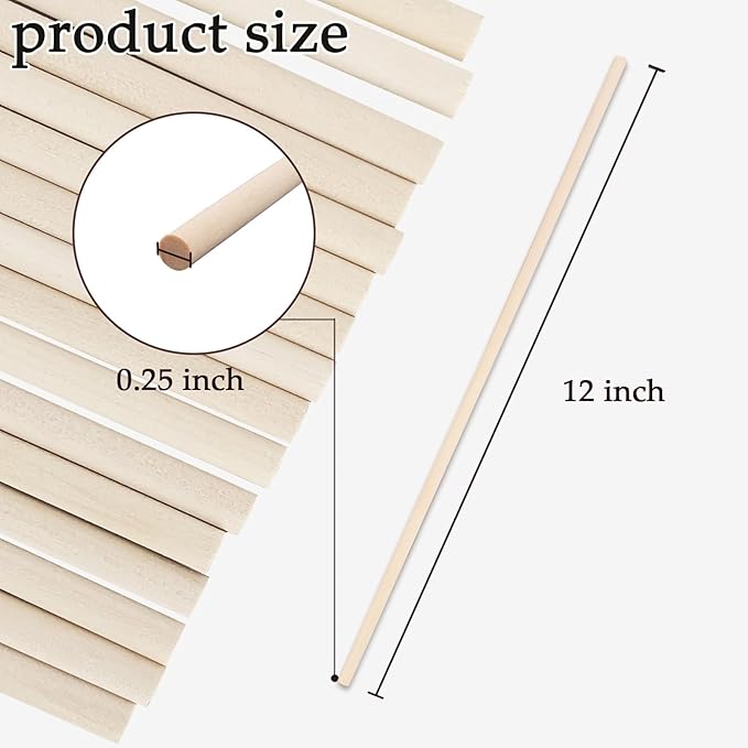 25PCS Dowel Rods Wood Sticks Wooden Dowel Rods - 1/4 x 12 Inch Precut Dowels for Crafting, Hardwood Dowel Rod Assortment, Wooden Rod Sticks Doweling Rods, Cake Dowels for Tiered Cakes