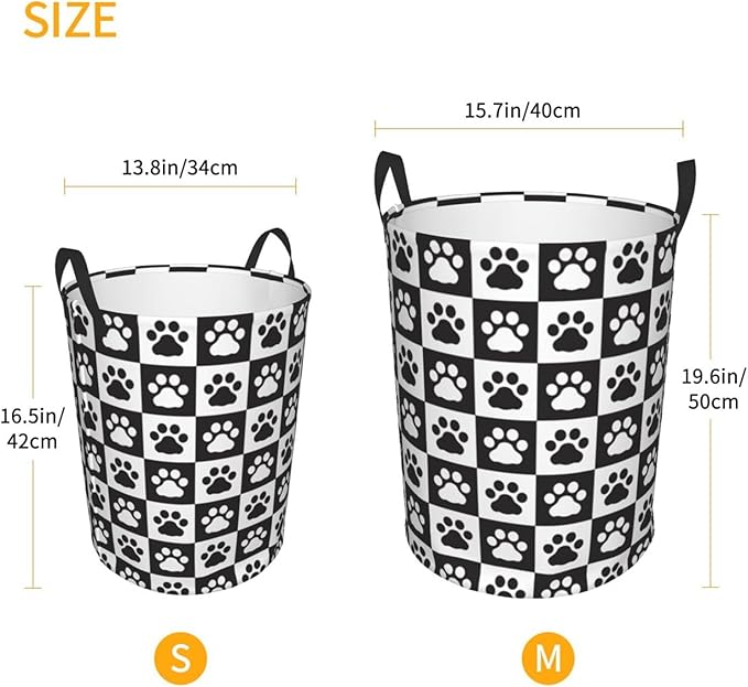 Black And White Dog Paws Laundry Hamper Bag With Waterproof Liner - Checkered Round Laundry Basket Foldable Clothes Storage Organizer For Bathroom Bedroom Nursery Dorm, M-19.6"X 15.7"