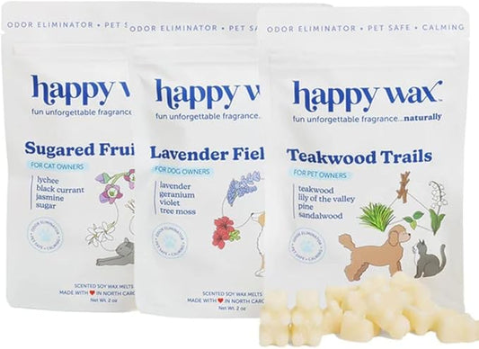 Happy Wax Pet Scents Mix Premium Scented, Non Toxic, Pet Safe, Odor Eliminating, Dye-Free Soy Wax Melts – 6 Total Oz: Lavender Fields for Dogs, Sugared Fruit for Cats and Teakwood Trails for Pets