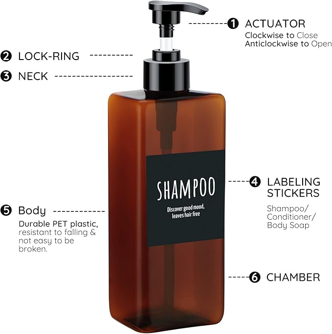16.9oz Shampoo Bottles, Segbeauty 3pcs 500ml Pump Press Shower Containers with Labels, Empty Refillable Shampoo Body Soap Conditioner Shower Gel Plastic Bathroom Press Lotion Dispenser Amber