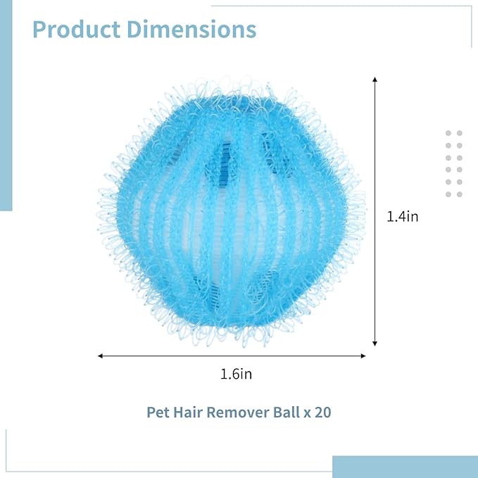 20-Pack Nylon Pet Hair Remover Balls for Laundry, Sky Blue Zappers, 1.6 Inches, Non-Tangle Design for Hair & Dirt Removal