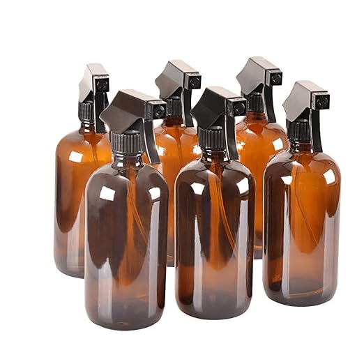 8 oz Amber Glass Spray Bottles with Caps(6 Pack) - Refillable Container for Essential Oils, Cleaning Products, or Aromatherapy - Durable Black Trigger Sprayer w/Mist and Stream Settings