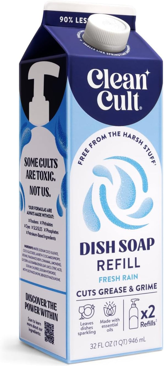 Cleancult Dish Soap Liquid Refill (32oz, 1 Pack) - Plant Based Cleaning Power - Dish Soap that Cuts Grease & Grime - Free of Harsh Chemicals - Uses 90% Less Plastic - Fresh Rain