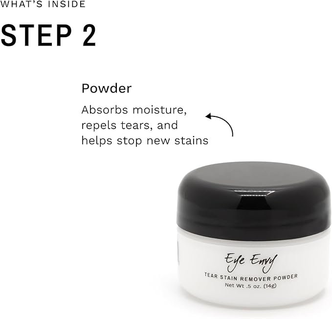 Eye Envy Dog Tear Stain Remover Starter Kit. 100% Natural, Safe. Contains: Stain Solution, Applicator Pads, and Stain Powder. Tear Stain Treatment Kit. Lasts 30-45 Days. Made in USA