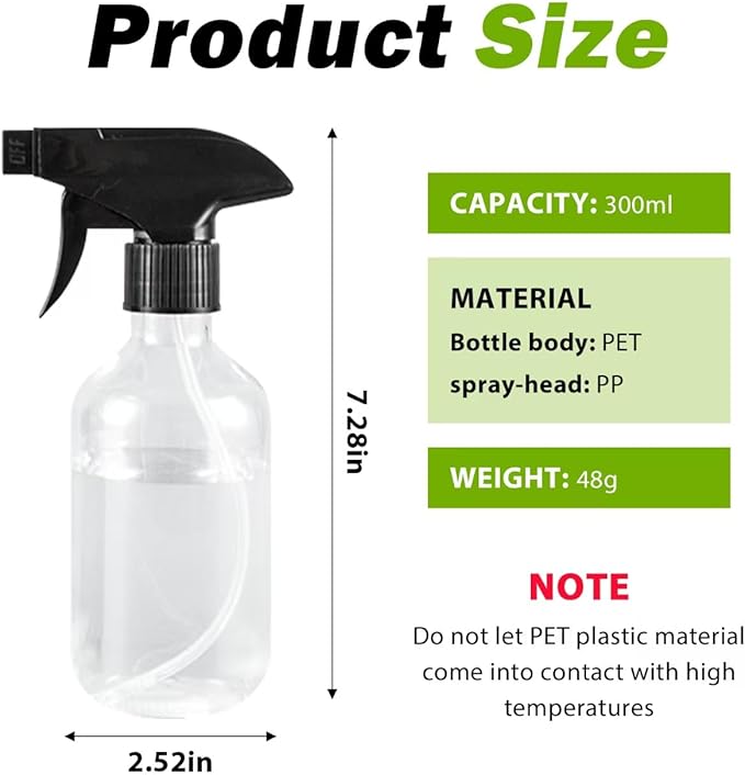 2PCS Plastic Spray Bottles Refillable Container Empty Small Spray Bottle 10oz/300ml with Adjustable Mist/Stream,Water Spray Bottles for Hair, Plant, Cleaning, Pet