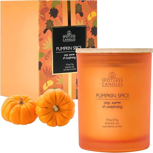 Pumpkin Spice Candle - 9.7 oz /275g Pumpkin Candle in Orange Frosted Glass Jar with Wooden Lid and Wooden Crackling Wick in Luxurious Gift Box - Cosy, Warm and Comforting