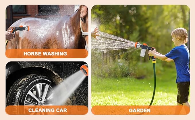 Kamirola Upgrade Dog Washing Hose Attachment,Dog Wash Supplies with 2 type Dog Bath Brush, Dog Comb and Toothbursh, 8 Way Spray Pattern Garden Hose Nozzle with Soap Dispenser, Car Washing Mitt