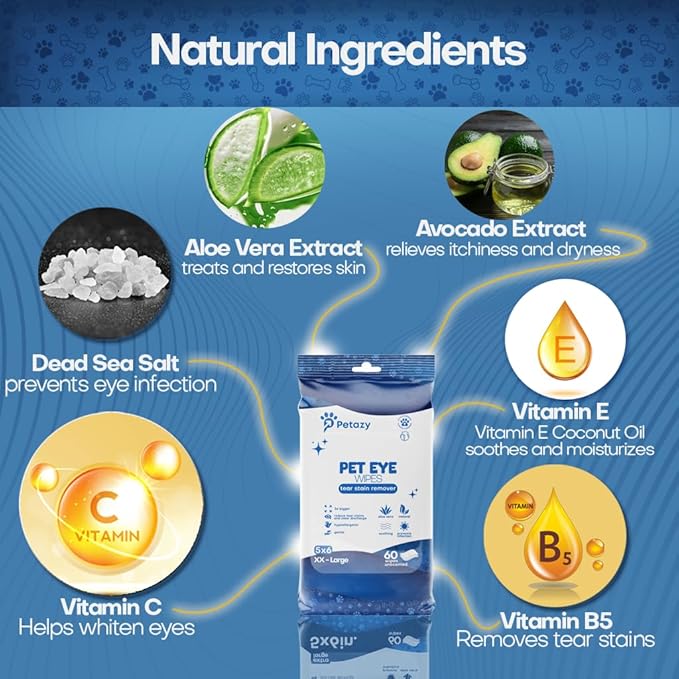 Pet Eye Wipes for Dogs & Cats | 5x6” Hypoallergenic Tear Stain Remover Wipes | 3X Larger Unscented Gentle Eye Wipes to Remove Discharge | 99% Natural Ing. Safe for Sensitive Pets | 60 Wipes