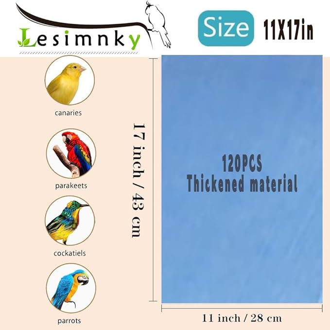 120 Pieces Bird Cage Liners-11'' X 17''Disposable Non-Woven Bird Cage Paper Liners Precut Absorbent Fecal Tray Cages Cushion Pad Mat Cuttable Pet Animal Cages Cushion for Parrot (Blue)