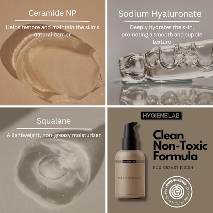 HygieneLab Face Moisturizer - EWG Verified, Unscented, Non-Greasy Hydration with Squalane, Aloe Vera, Ceramides & Hyaluronic Acid - 1.7 fl oz