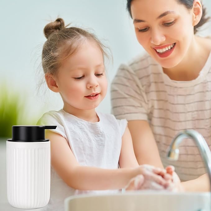 BosilunLife Foam Hand Soap Dispenser - White Ceramic Foaming Soap Dispenser for Bathroom 12oz Refillable Liquid Lotion Soap Dispenser with Rust-Proof foaming Pump for Countertop