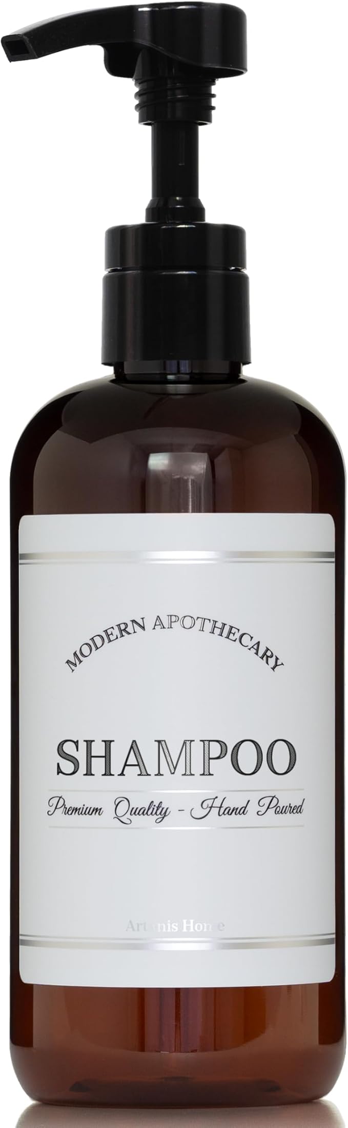 Refillable Amber PET Plastic 16 oz Shampoo Bottle with High Output Black Plastic Pump Dispenser - Chrome Accent Waterproof Labeled Bottle