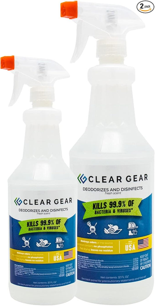 Clear Gear Gym Disinfectant, Yoga Mat Cleaner, Deodorizer For Sports Equipment, Gyms, and Fitness Centers - Mixed Pack - 16 Oz and 32 Oz Bottle Hospital grade Disinfectant Spray Pack