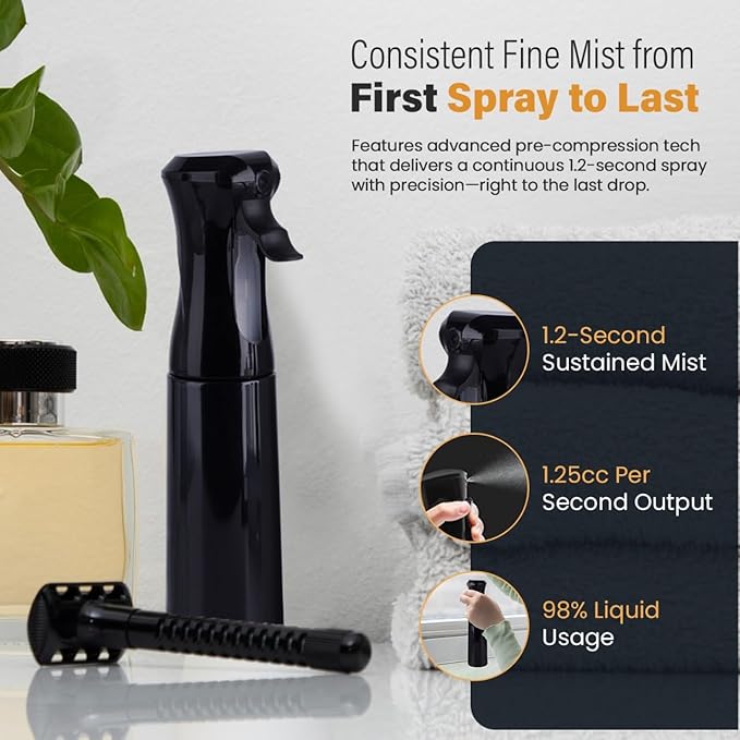 VIGOR PATH Continuous Spray Bottle for Hair – Fine Mist Mister for Hairstyling, Cleaning, Plants, Pets, Barbers, Salons, and Essential Oil Applications (300ml/10.1 oz) Black