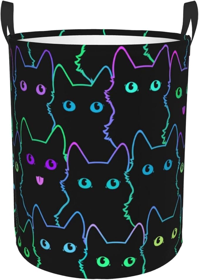 Funny Black Cats Laundry Hamper Bag With Waterproof Liner - Cute Animal Silhouettes Round Laundry Basket Foldable Clothes Storage Organizer For Bathroom Bedroom Nursery Dorm, M-19.6"X 15.7"