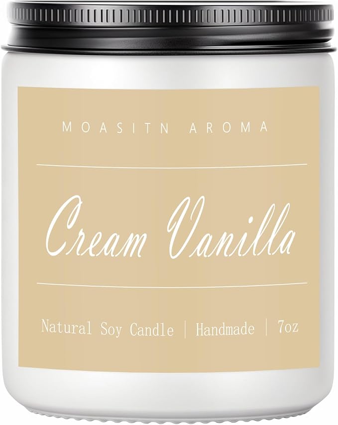 MOASITN Cream Vanilla Highly Scented Candles for Home| Natural Soy Aromatherapy Candle| Handmade Long Lasting Jar Candle| Candel Gift for Women,Men as Summer,Birthday,Housewarming,Relaxing Gifts| 7oz