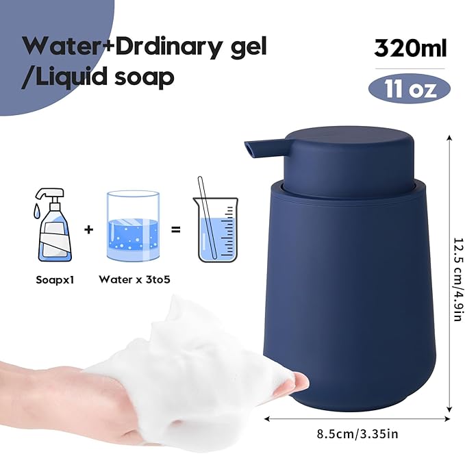 Matte Navy Blue Foaming Hand Soap Dispenser Plastic 11 oz - Modern Minimalist Style for Bathroom & Kitchen Countertop Refillable