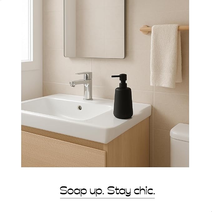 Matte Black Ceramic Soap Dispenser, 13 oz Refillable Bathroom or Kitchen Countertop Dispenser with Soft Touch Rubber Coating
