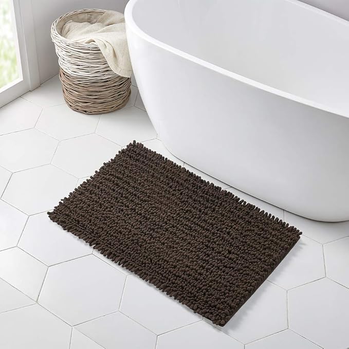 Walensee Bathroom Rug Non Slip Bath Mat (32x20 Inch Brown) Water Absorbent Super Soft Shaggy Chenille Machine Washable Dry Extra Thick Perfect Absorbant Best Large Plush Carpet for Shower Floor