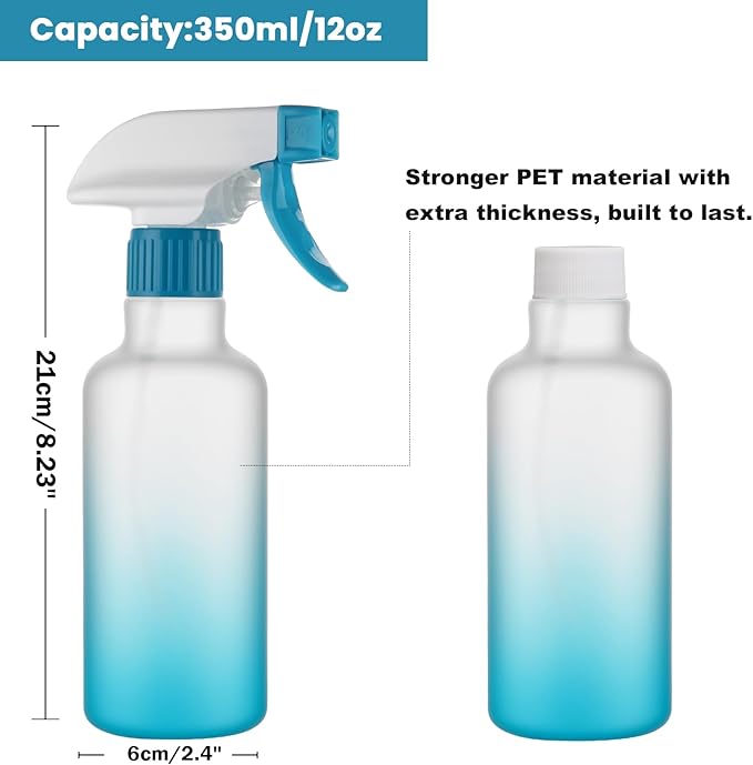 Plastic Spray Bottles 12oz 2 Pack Adjustable Mist/Stream Spraying Heavy Duty Square Water Spray Bottles for Hair, Cleaning Solutions, Plants, Essential Oils (Blue)