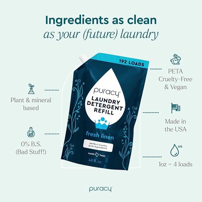 Puracy Laundry Detergent Refill - Enzyme-Powered Liquid Laundry Detergent Concentrate, Natural Laundry Detergent Seen on TikTok, Non-Toxic (Fresh Linen, 48 fl oz, 192 Loads)