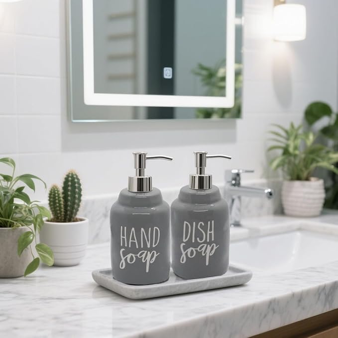 2 Pack Ceramics Hand Soap and Dish Soap Dispenser Set for Kitchen and Bathroom, Refillable Liquid Hand Soap and Premium Kitchen Soap Dispenser, Perfect for Counter Décor (Gray)