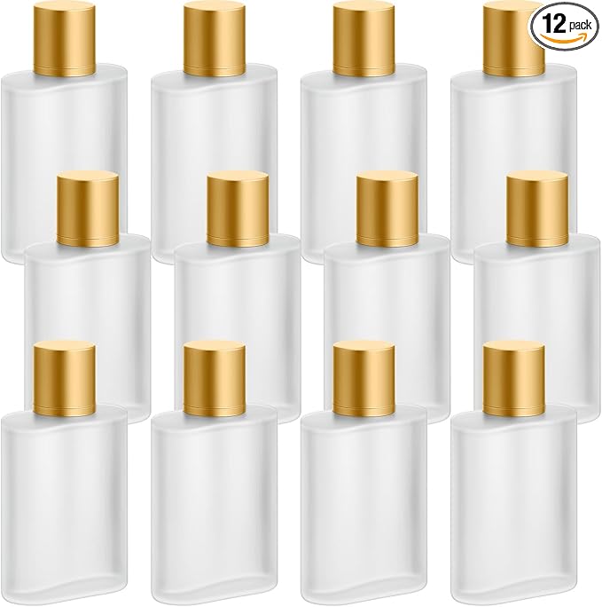 Tessco for you 12 Pcs 100ml / 3.4 Ounces Frosted Glass Bottle Perfume Atomizer Refillable Spray Empty Perfume Dispenser Fine Mist Atomizer Cosmetic Container for Travel Men Women(Gold)