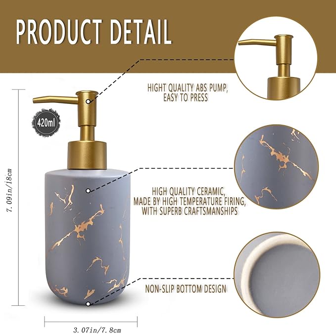 Gold Ceramic Soap Dispenser With Marble Pattern for Bathroom and Kitchen - Liquid Hand Pump Bottle (Grey)