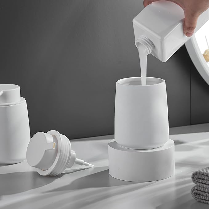 White Foam Hand Soap Dispenser - 12Oz Ceramic Foaming Soap Dispenser with Easy-to-Press Black Pump, Reusable and Refillable Liquid Lotion Dish Soap Dispensers for Bathroom, Kitchen (Rubber Paint)