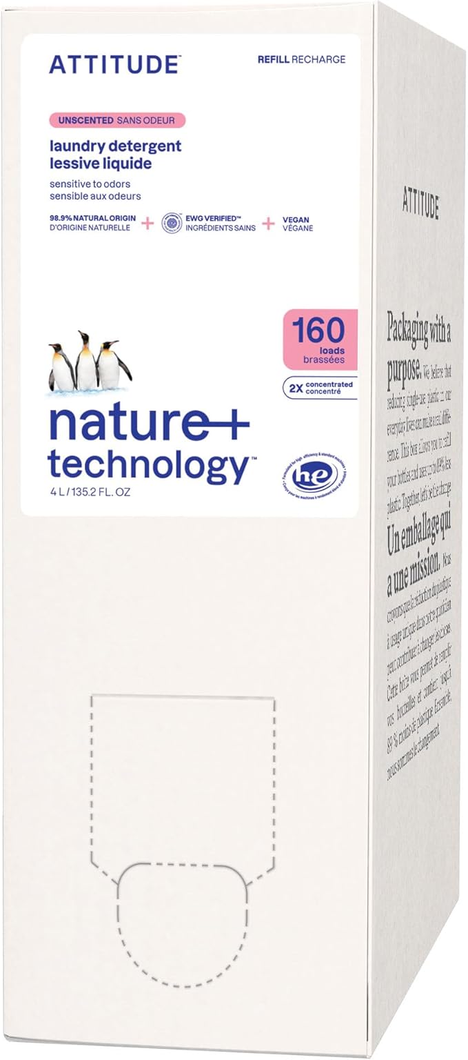 ATTITUDE Liquid Laundry Detergent Refill, EWG Verified, HE Compatible, Plant-Based & Vegan, Natural Laundry Soap, Unscented, 160 Loads, 135.26 Fl Oz