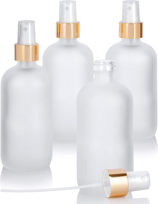 JUVITUS 8 oz / 240 ml Frosted Clear Glass Boston Round Bottle with Gold Fine Mist Spray (4 pack)