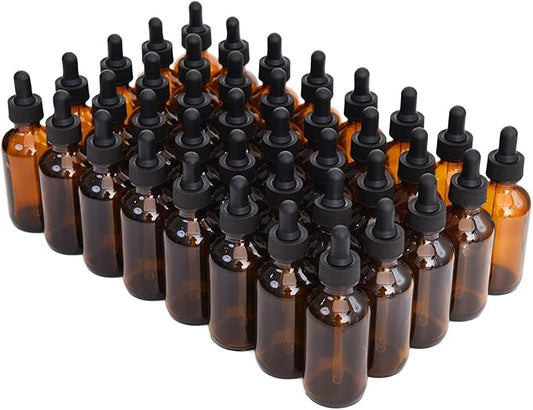 June Fox 2oz Glass Dropper Bottle, Amber Glass Bottles with Droppers and Black cap for Essential Oils, Lab Chemicals, Perfumes, Pack of 20