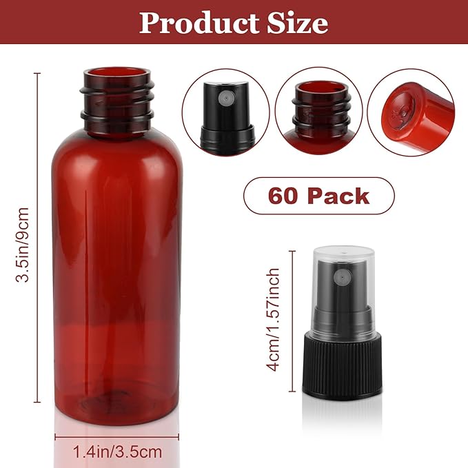 60PCS 2 oz Plastic Amber Spray Bottle, Empty Small Amber Spray Bottle with Sticker and Funnel, Refillable Mini Mister Spray Bottles for Essential Oils, Bath & Cleaning